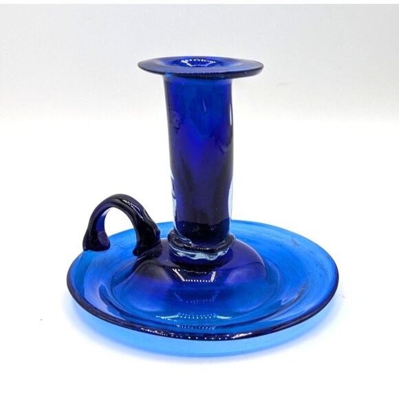 Cobalt Blue Blown Art Glass Candle Holder with Applied Handle Handmade 5.25" - Picture 1 of 7